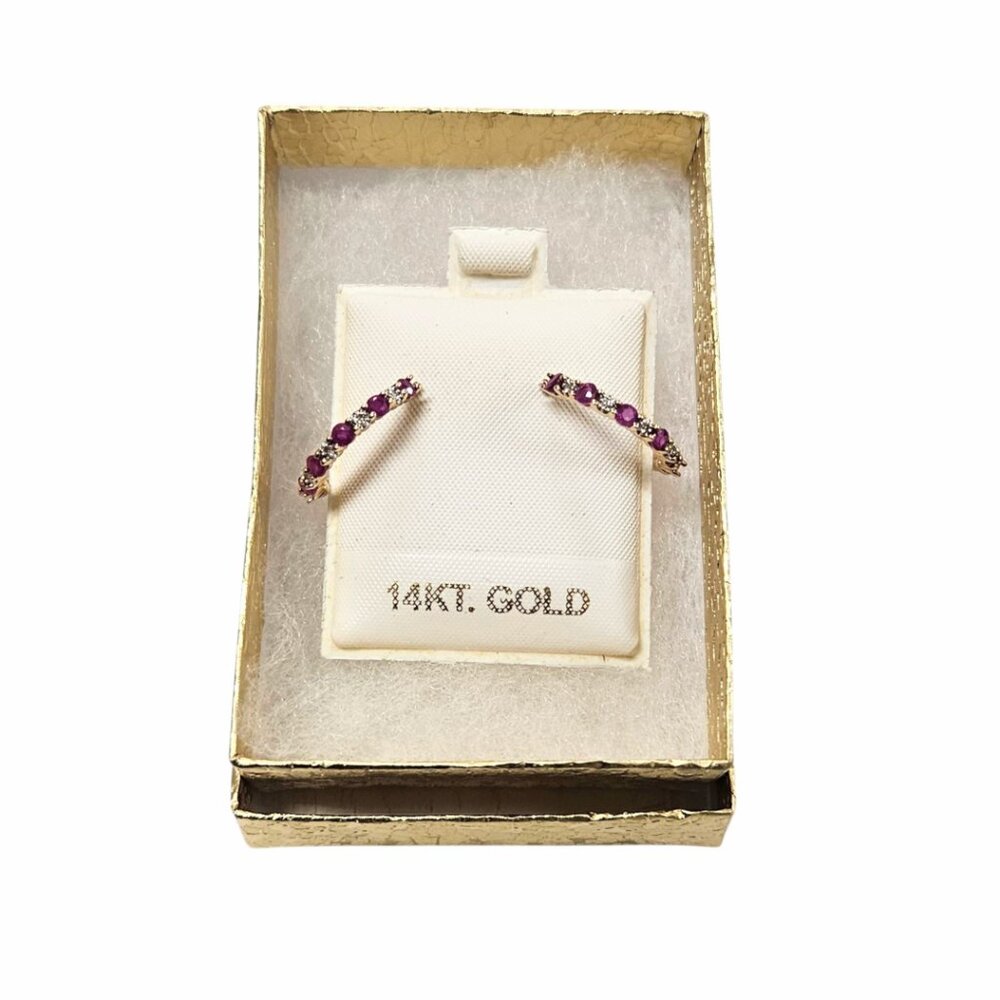 Ladies 14k Yellow Gold Ruby Diamond Hoop Earrings